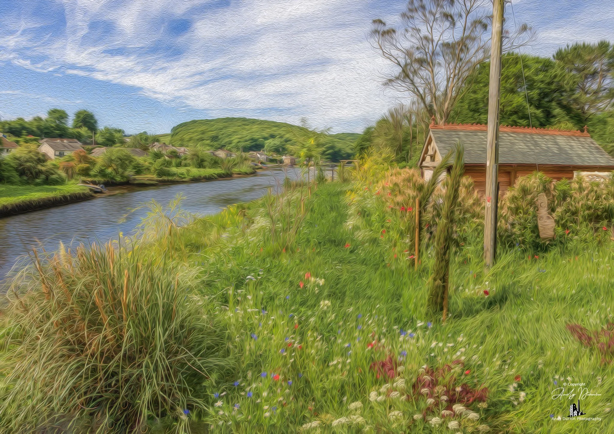 Lerryn Cornwall A scenic landscape with a river running through lush green vegetation, houses on the far side, and a garden with colourful flowers and tall grasses in the foreground. 