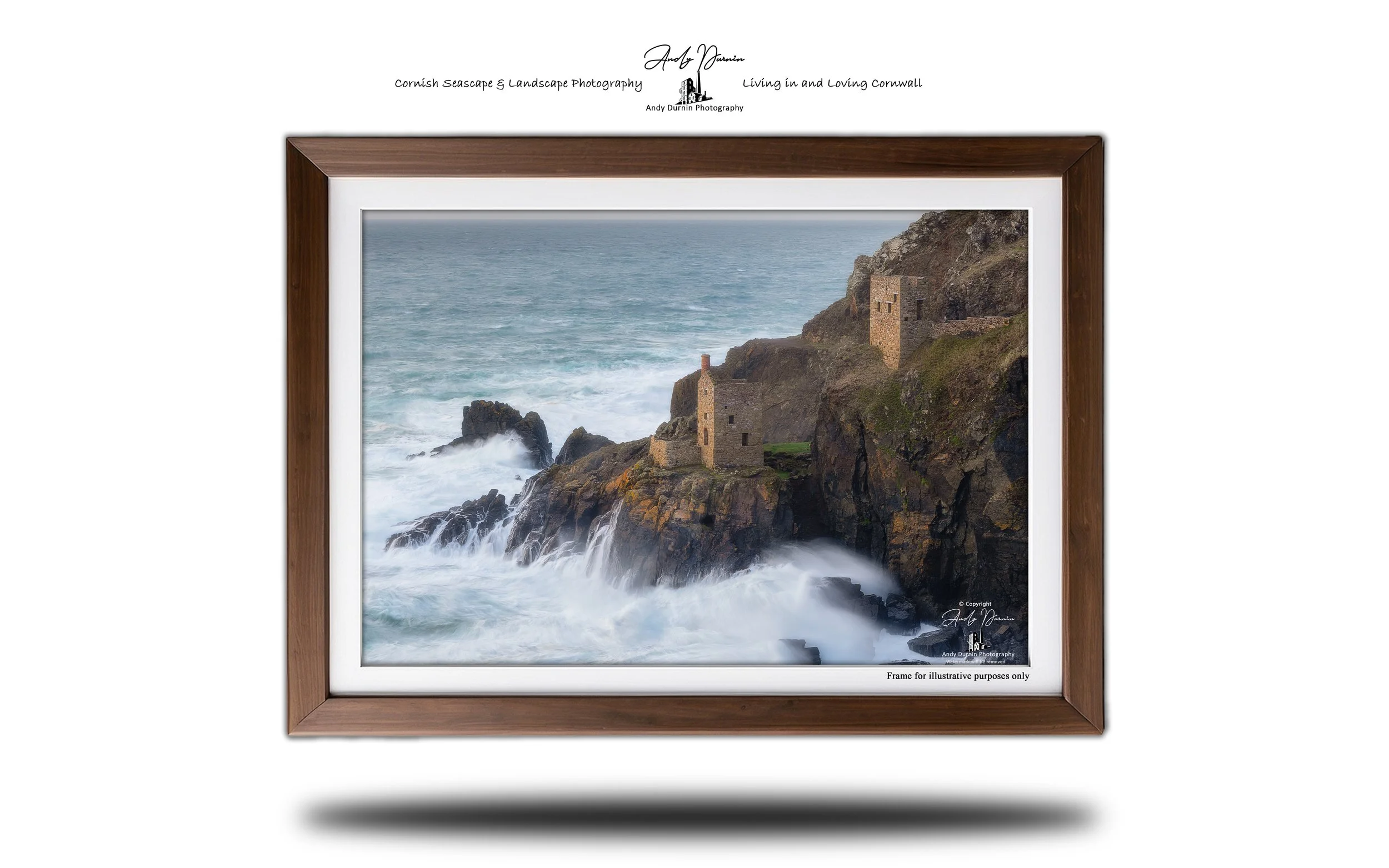 Close view of Botallack Crowns with seawater cascading over granite rocks.
