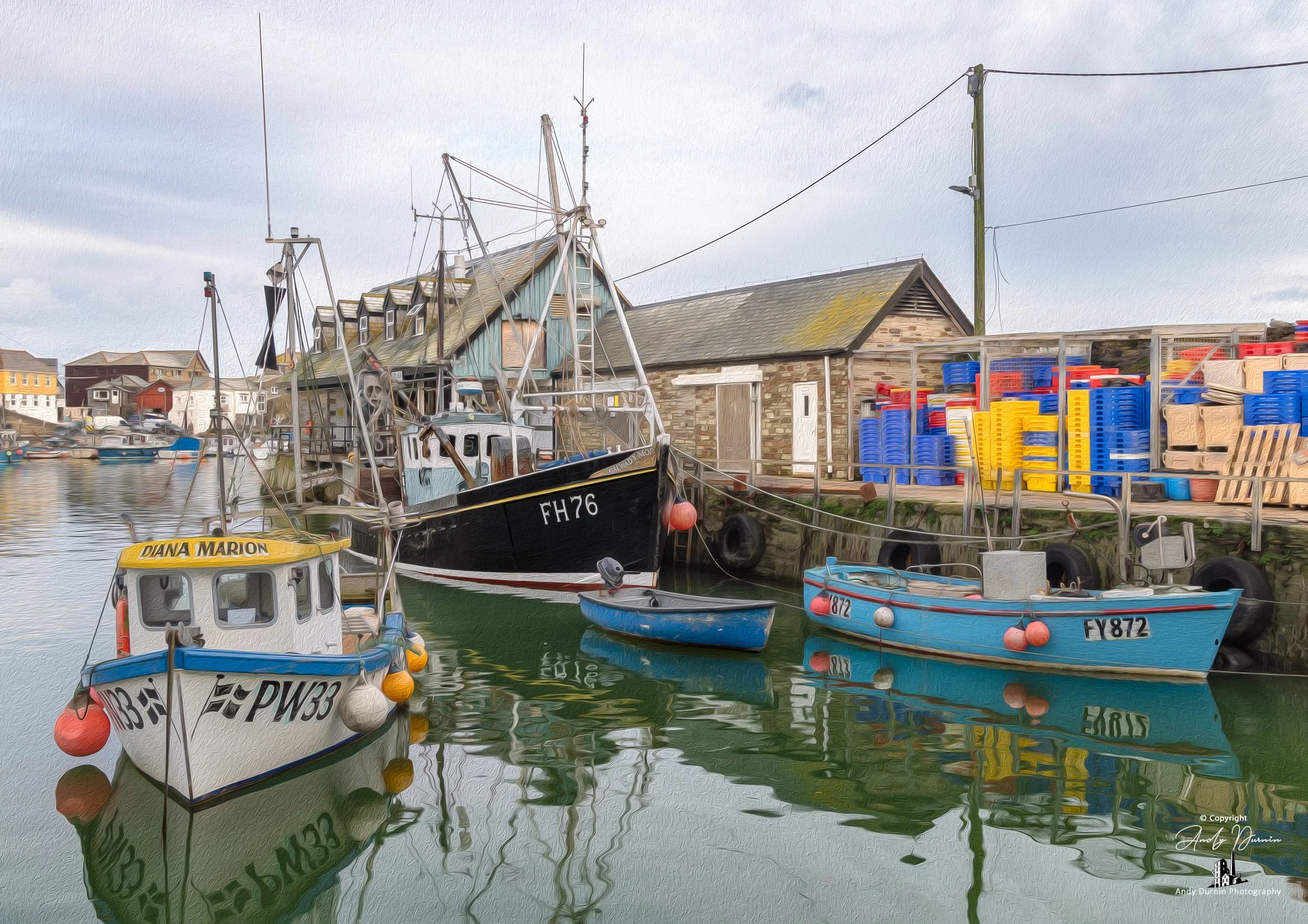 Fishing Boats Moored by Mevagissey Fish Market
A characterful photograph of fishing boats moored by Mevagissey Fish Market, with working vessels, harbour reflections, and the familiar stone buildings of this traditional Cornish fishing port. Rich in 
