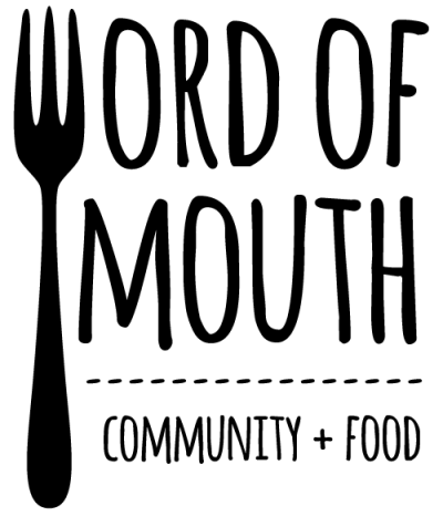 Logo with text 'Word of Mouth' using a fork as the letter 'W', and 'Community + Food' underneath.