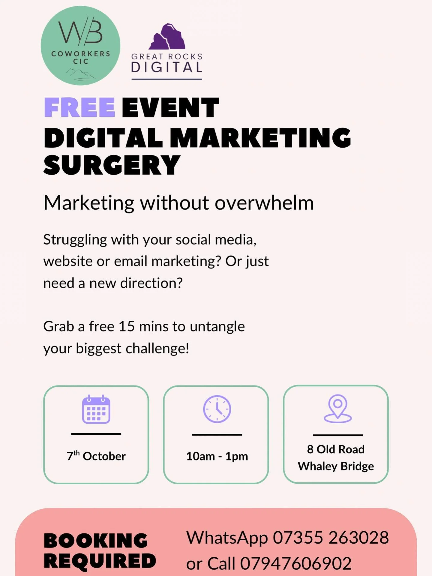 Struggling with your social media, website or email marketing? Or just need a new direction? 

Grab a ✨FREE✨ 15 mins to untangle your biggest challenge! 

📍8 Old Road Whaley Bridge
🗓️7th October 2025
⏱️10am - 1pm

WhatsApp 07355 263028 or Call 0794