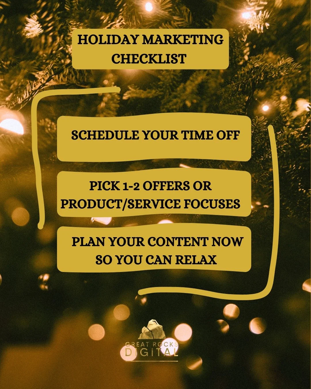 Holiday Marketing sanity checklist!

🗿 Schedule your time off
🗿 Pick 1-2 simple offers or product/service focuses
🗿 Plan your content now, so you can relax &amp; enjoy December!

Not sure how to plan your content? Join my Holiday Content Planning 