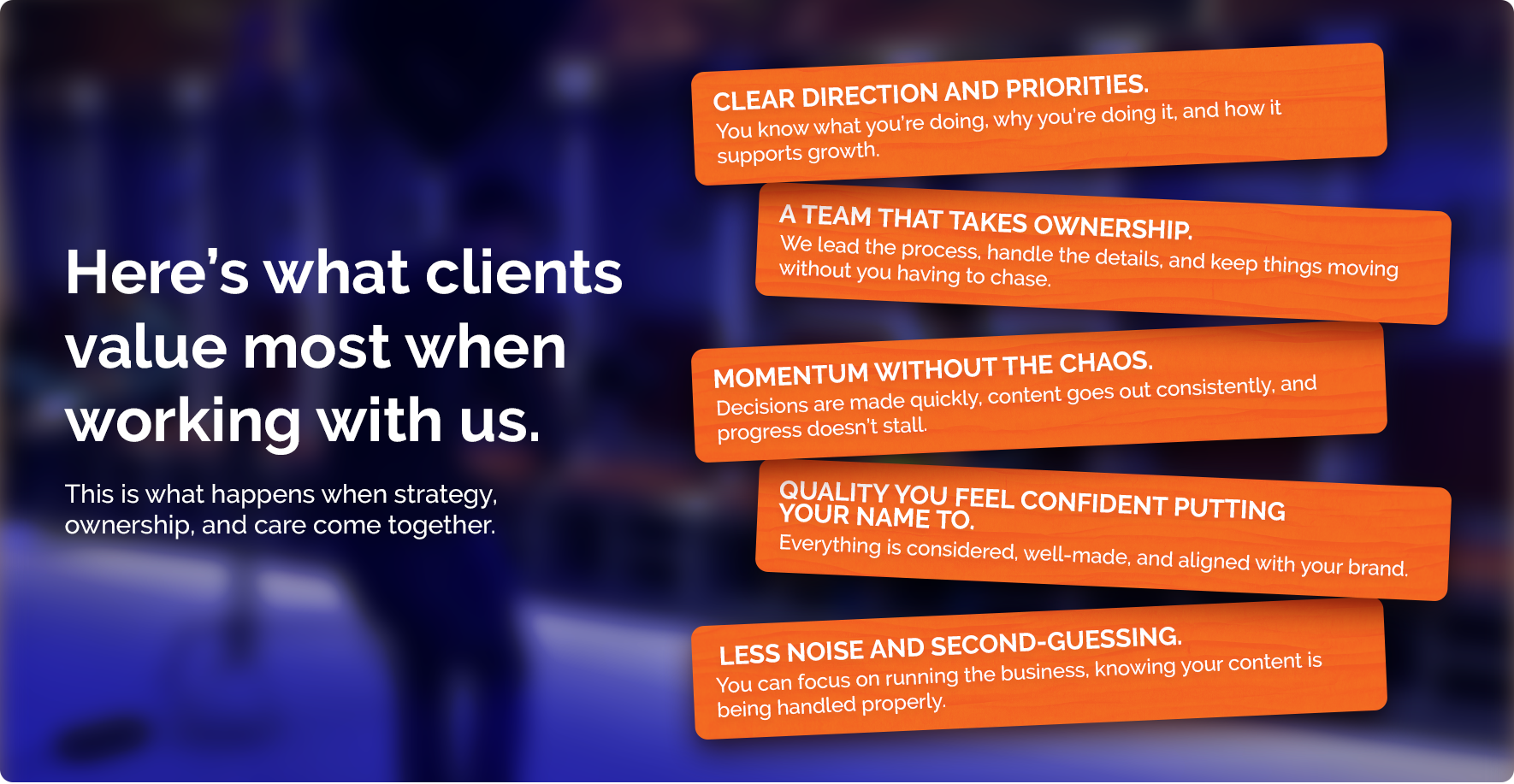 Graphic highlighting what clients value most about working with Playfair, including clarity, collaboration, and strategic execution.
