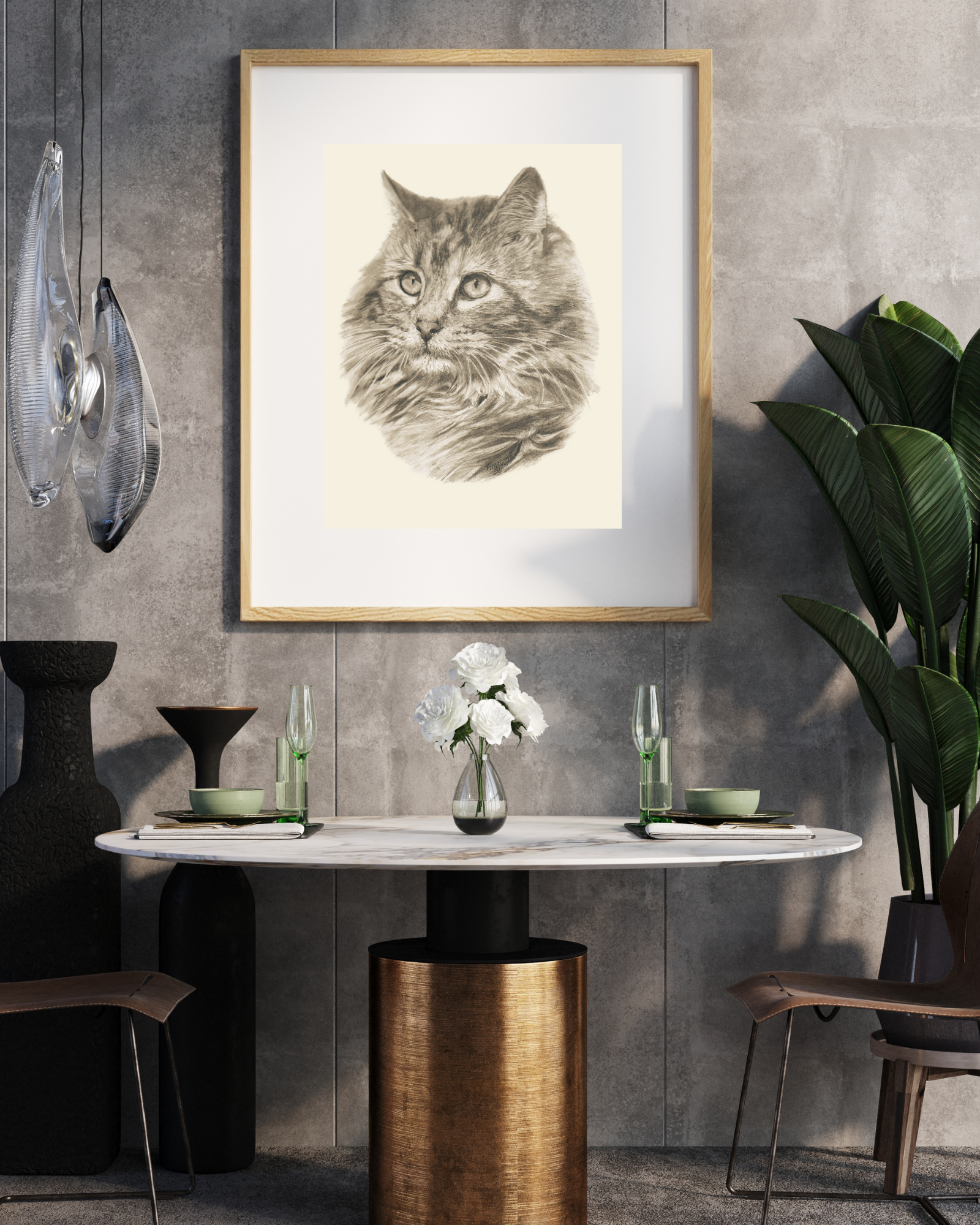 Ambiente mit Kunstdruck Katzenkopf von IsenbART