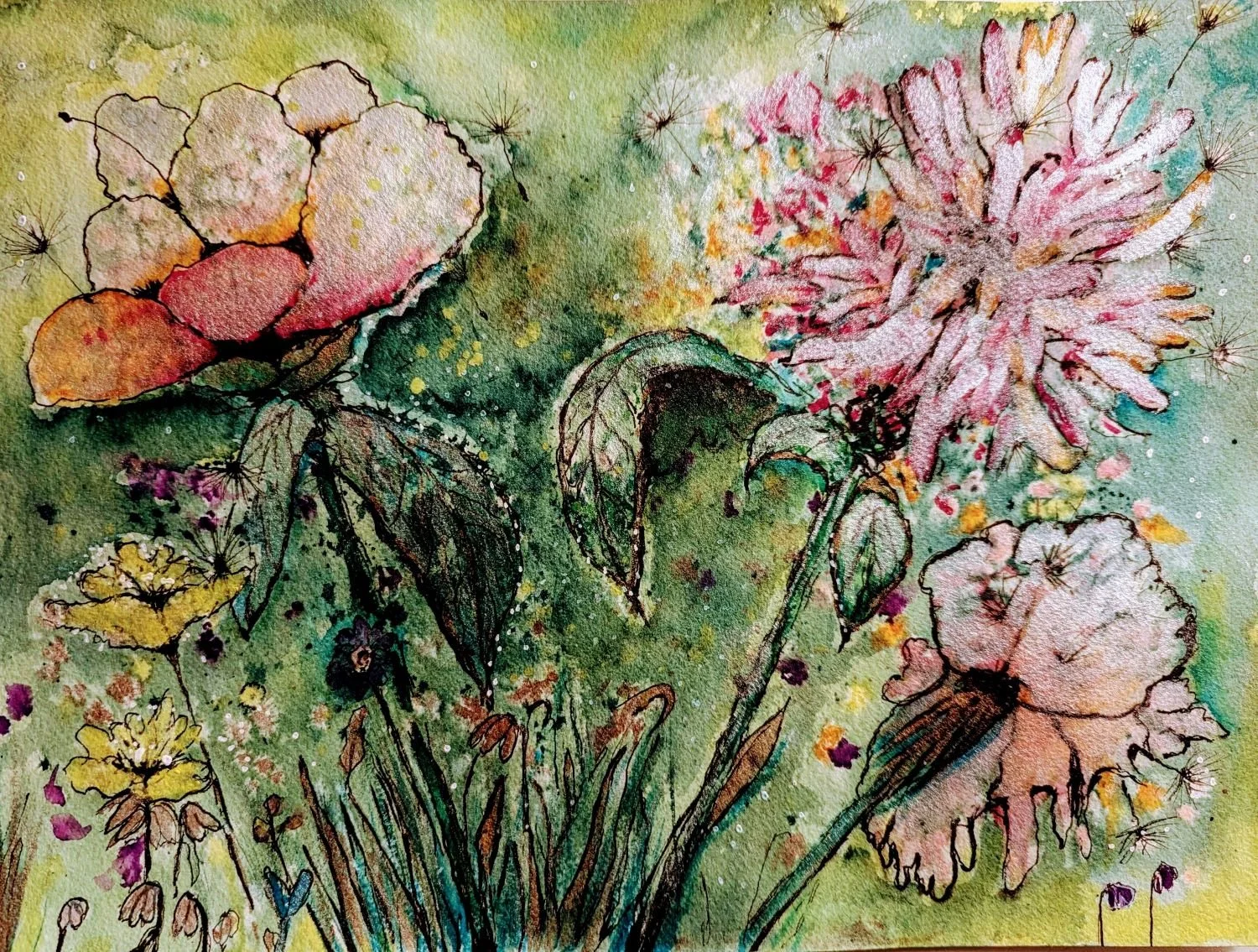 Bild von IsenbART zeigt intuitive Malerei mit drei Blumen in grün und rosatönen