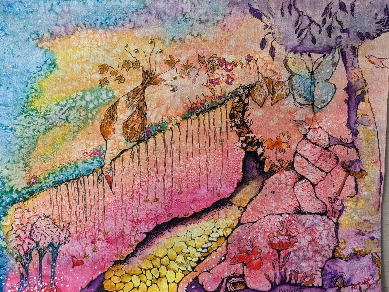 Bild von IsenbART zeigt intuitive Malerei mit Garten in pink, blau und gelbtönen