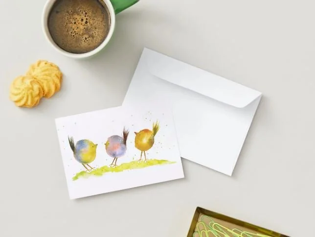 IsenbART Grußkarte Cover mit drei fluffigen Vögeln in Aquarell