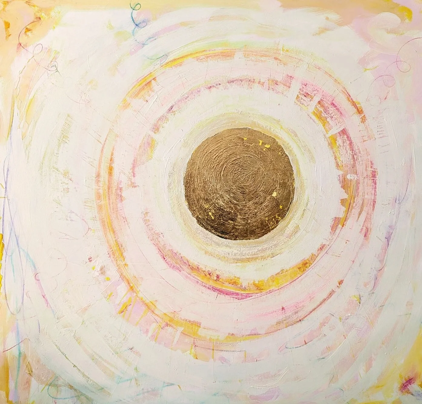 Bild von IsenbART zeigt einen goldenen Mittelpunkt mit Frabkreisen drum herum. Acryl auf Duschvorhang