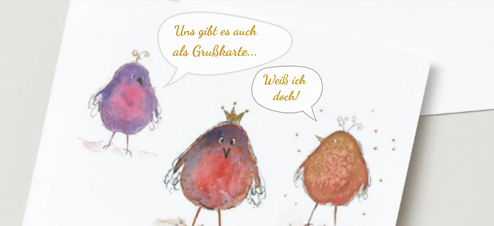 Bild zeigt Grußkarte von IsenbART mit putzigen Vögeln in Aquarell