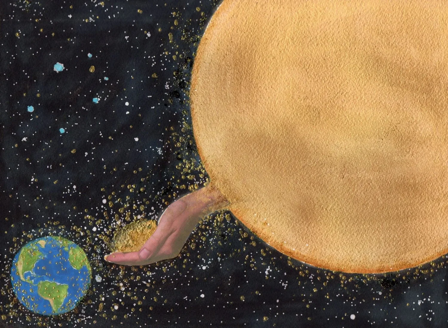 Bild von IsenbART zeigt eine goldene Sonne aus der sich eine Hand zur Erde hin erstreckt. Bildtitel "Gott"