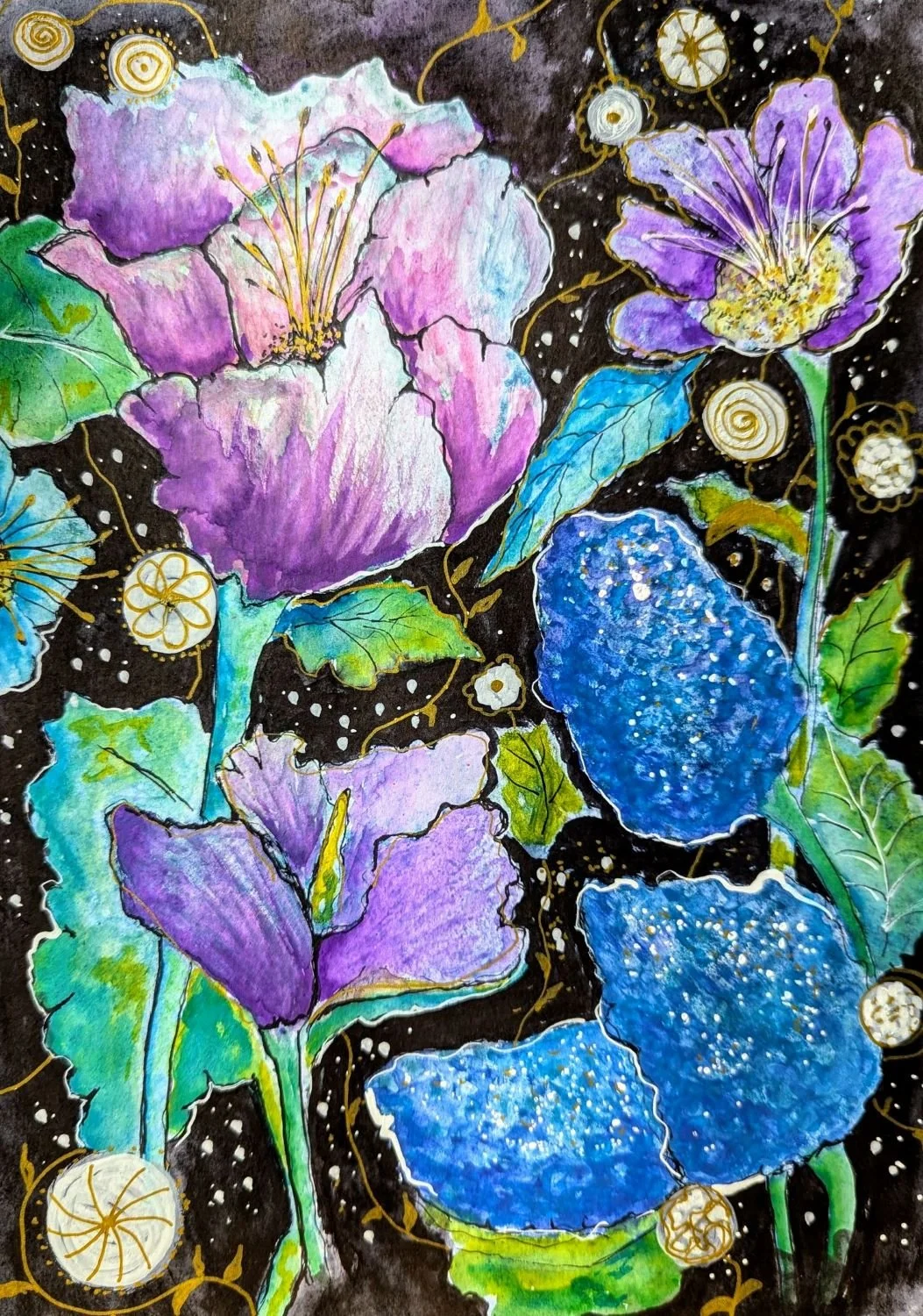 Bild von IsenbART zeigt intuitive Malerei mit Blüten und Blättern