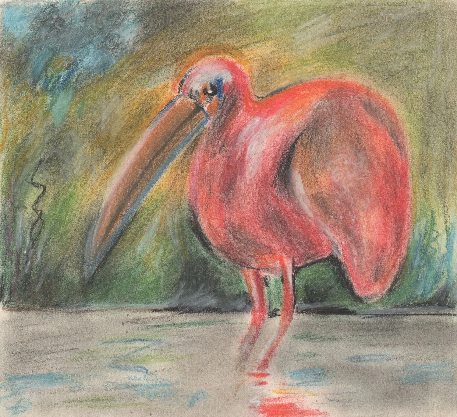 Zeichnung mit Pastellkreide von IsenbART zeigt einen Flamingo im Wasser stehend