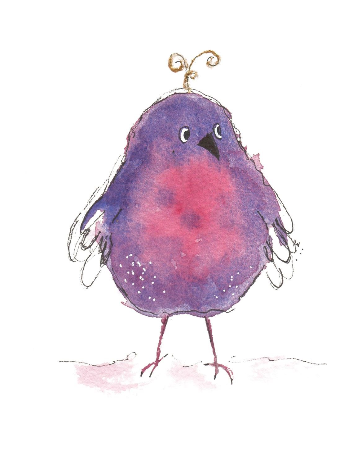 Aquarell von IsenbART zeigt lustigen Vogel in lila