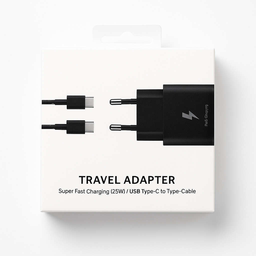 Vooraanzicht van de Niborprints Travel Adapter met USB-C naar USB-C kabel in de originele verpakking (25W snellader)