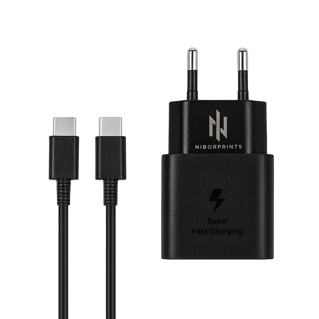 Zwarte Niborprints USB-C snellader met 25W vermogen, los gefotografeerd met duidelijk zichtbaar logo