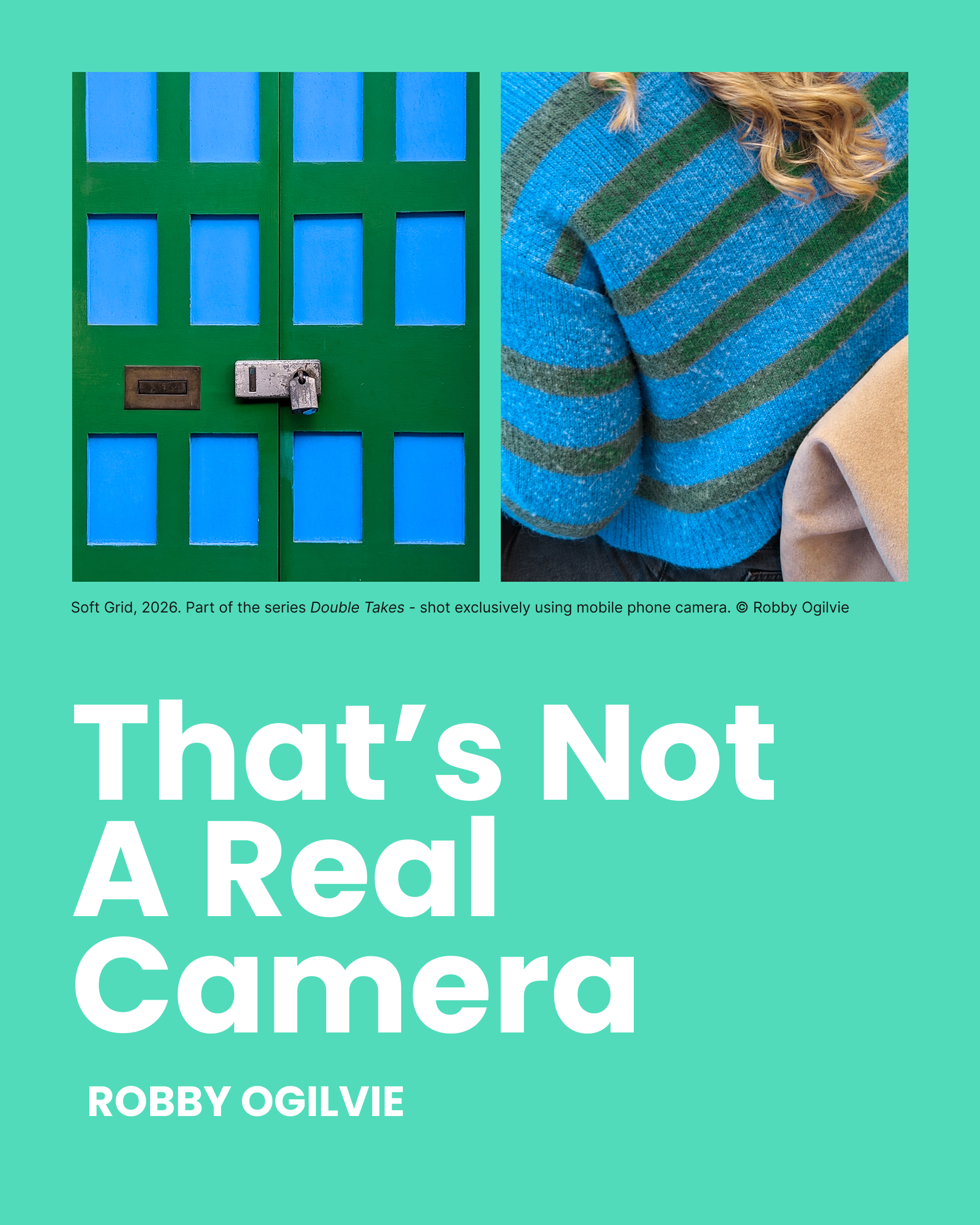 A split image showing a green and blue door on the left with a padlock and a piece of paper, and a person wearing a blue and green striped sweater with blonde hair on the right side.