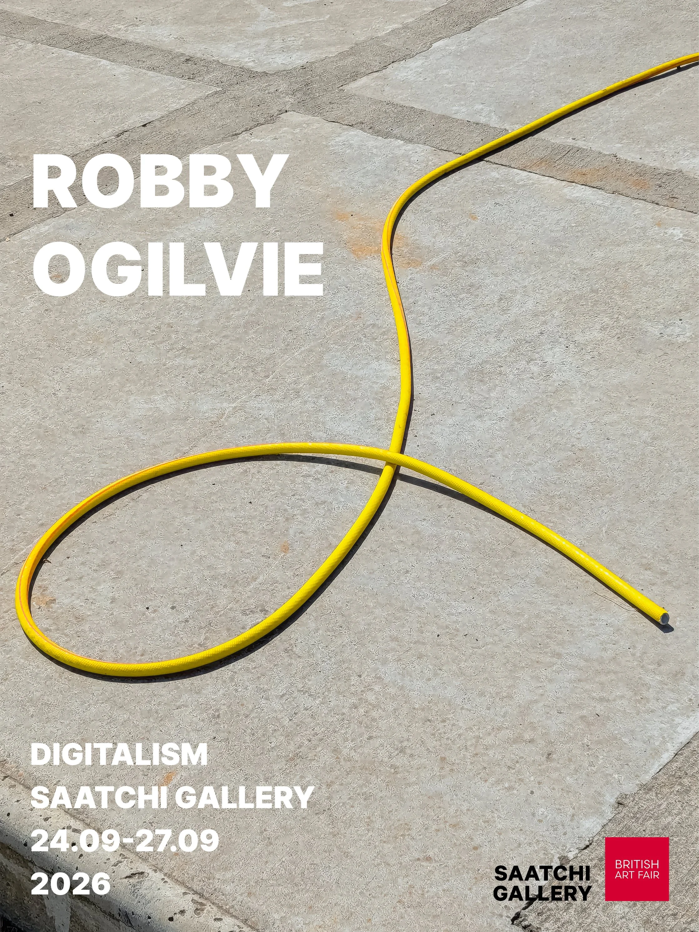 An outdoor scene with a tiled stone floor, yellow and black cables, and white text promoting the 'Digitalisim Saatchi Gallery' art exhibition from September 24 to September 27, 2026 at Saatchi Gallery, with a red logo for the British Art Fair.