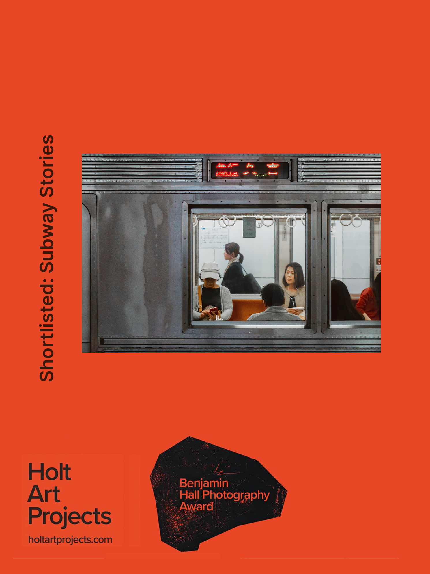 A subway train seen from the outside through a window with passengers inside, against an orange background with black text and a black graphic.