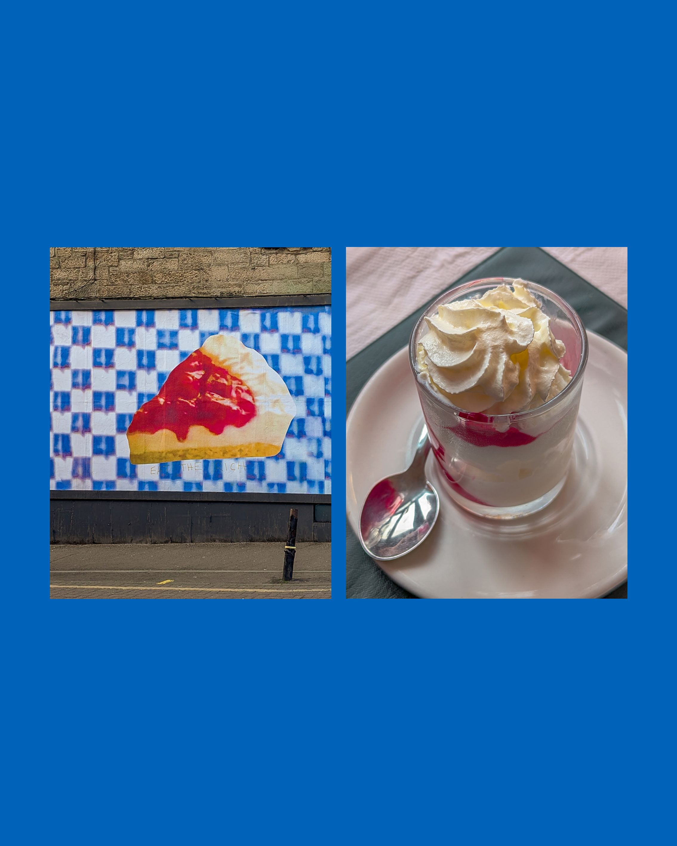 A colorful advertisement featuring a slice of strawberry shortcake with whipped cream on a blue and white checkered background on the left, and a tall glass of strawberry milkshake topped with whipped cream on the right.