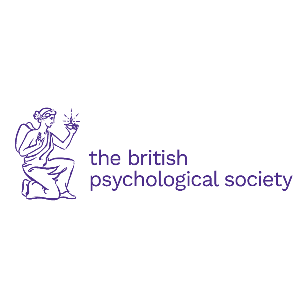 Logo of the British Psychological Society featuring a purple outline of a seated woman holding a candle and the organization name in purple text.