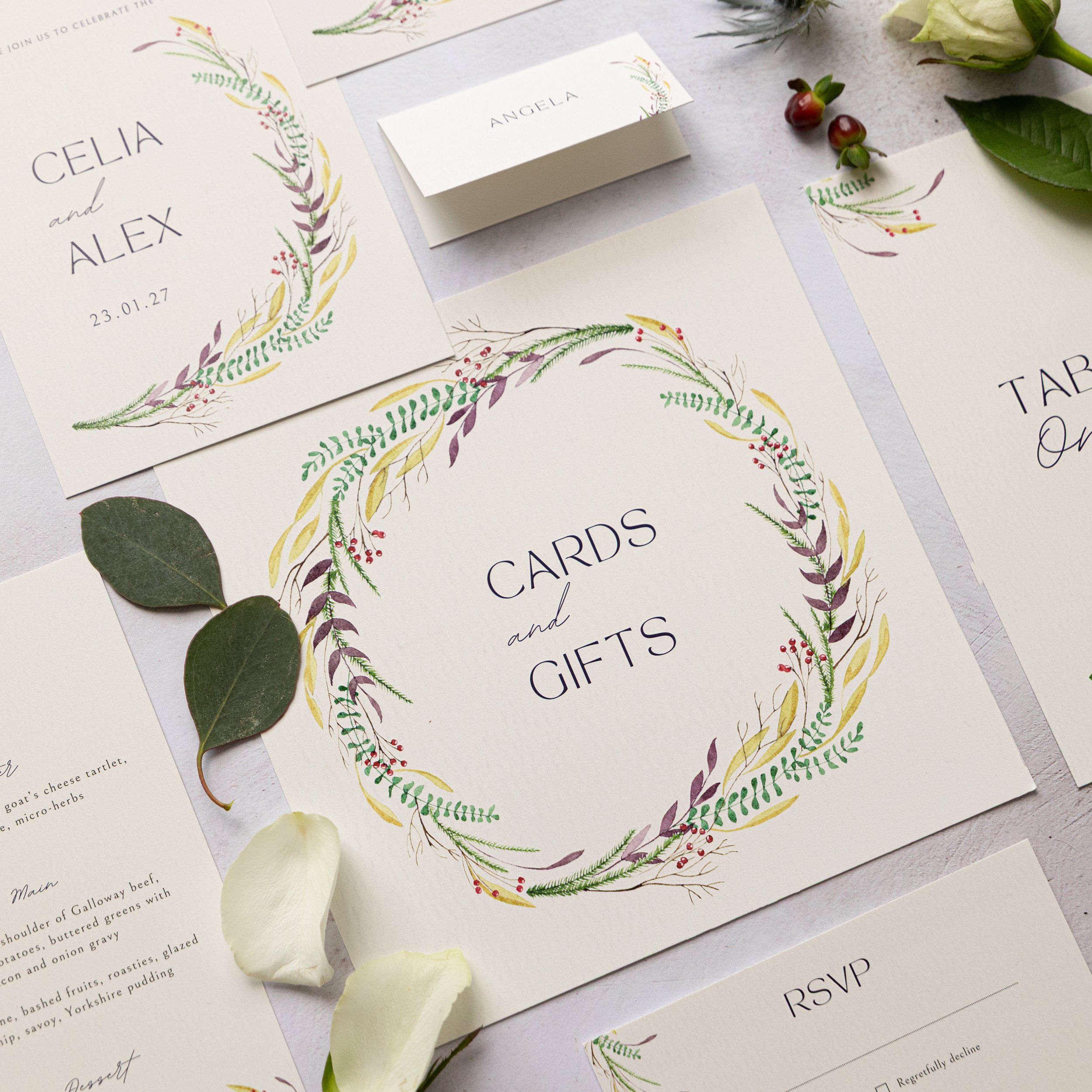 Close up of a cards and gifts sign for a wedding in a winter themed design