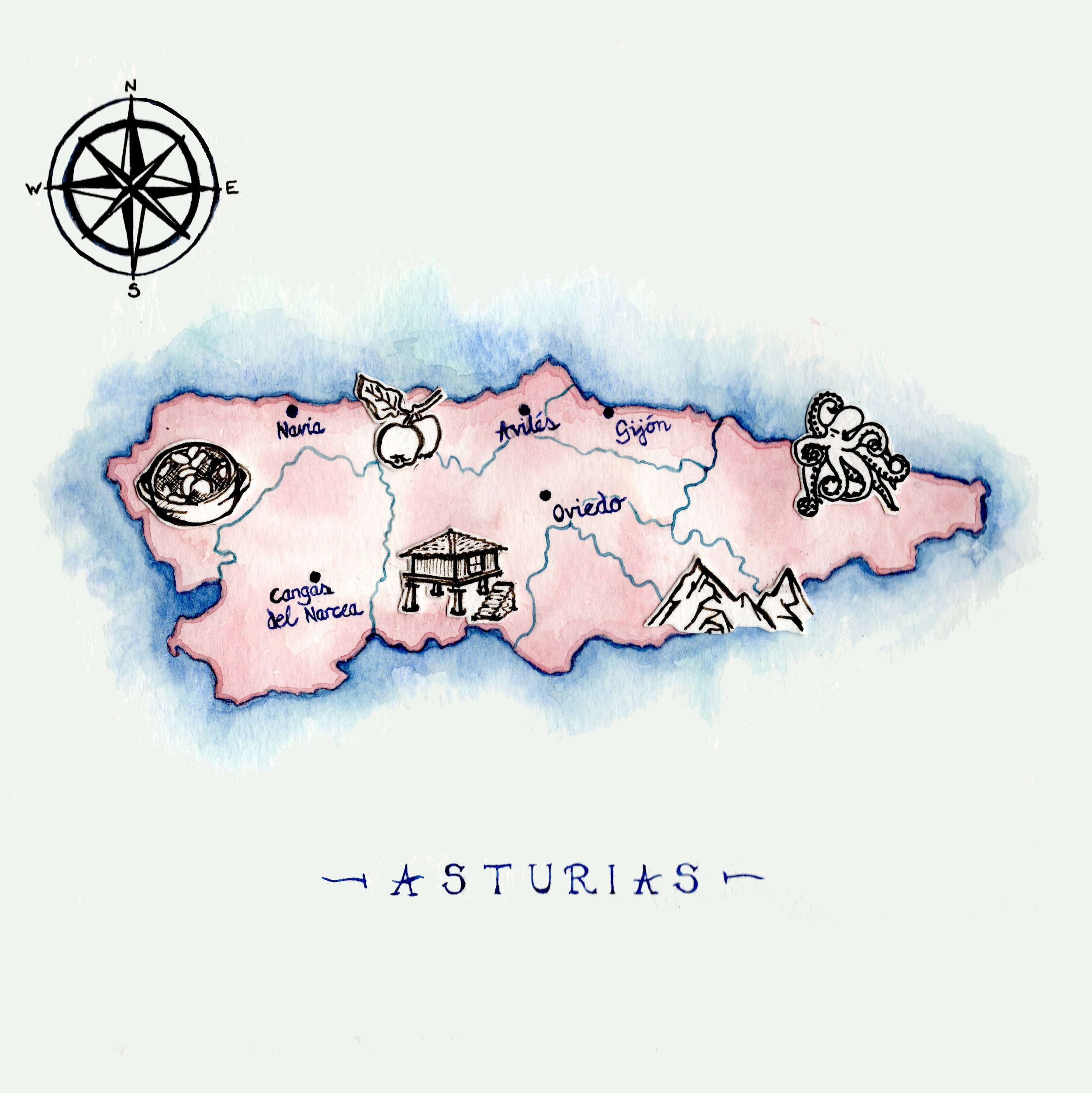 Watercolour painting of a map of Asturias