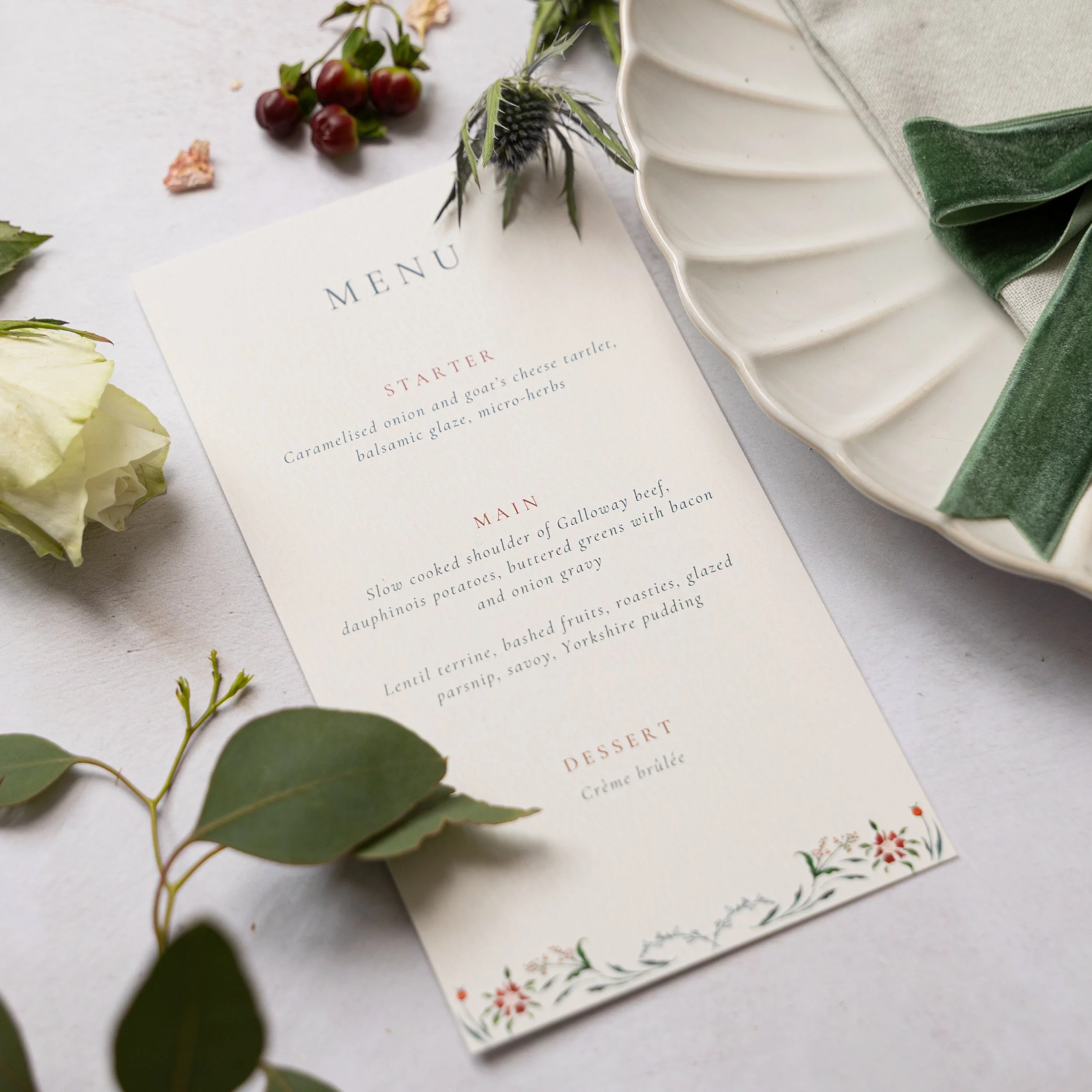 A handpainted wedding menu in an autumnal design