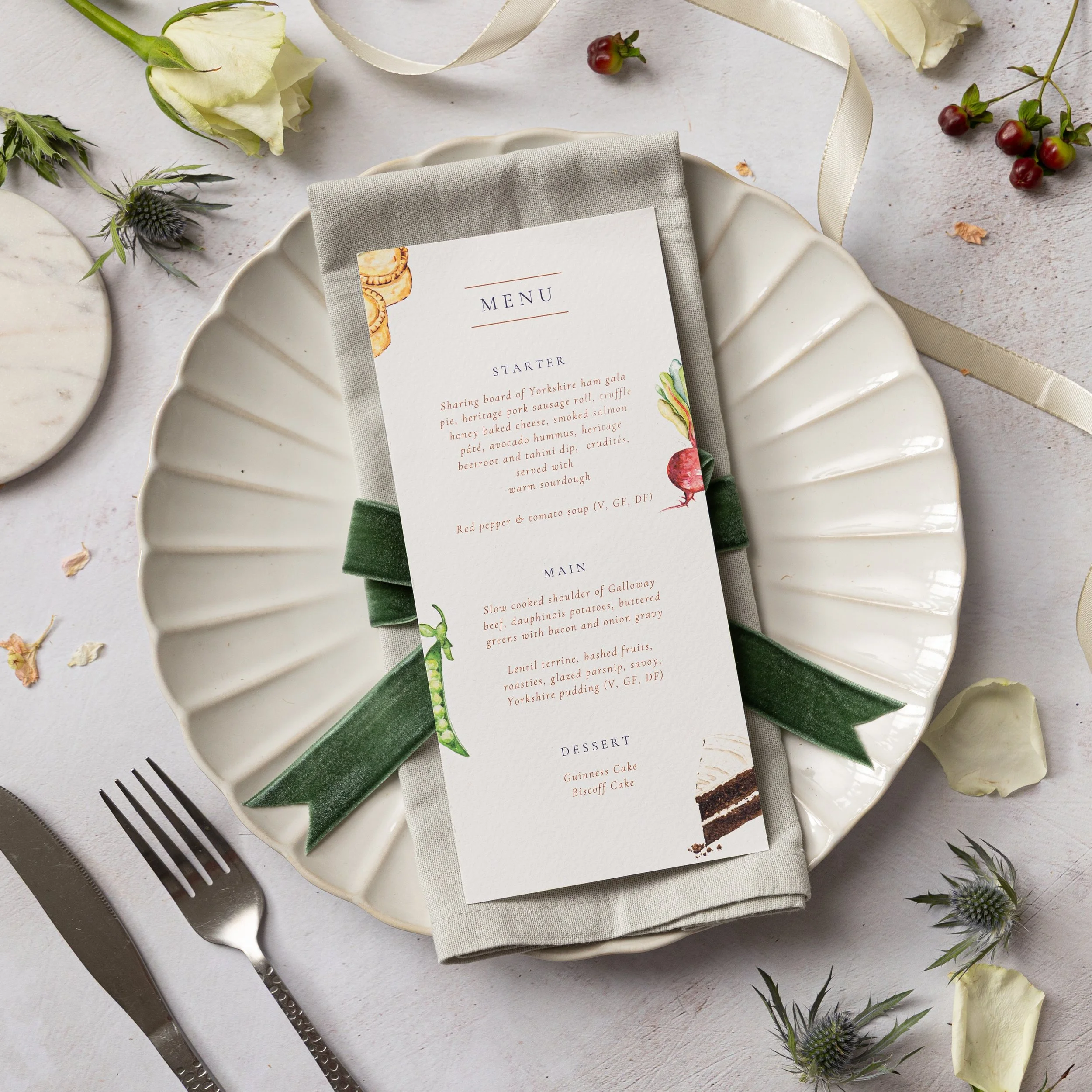 Illustrated wedding menu showing menu ingredients