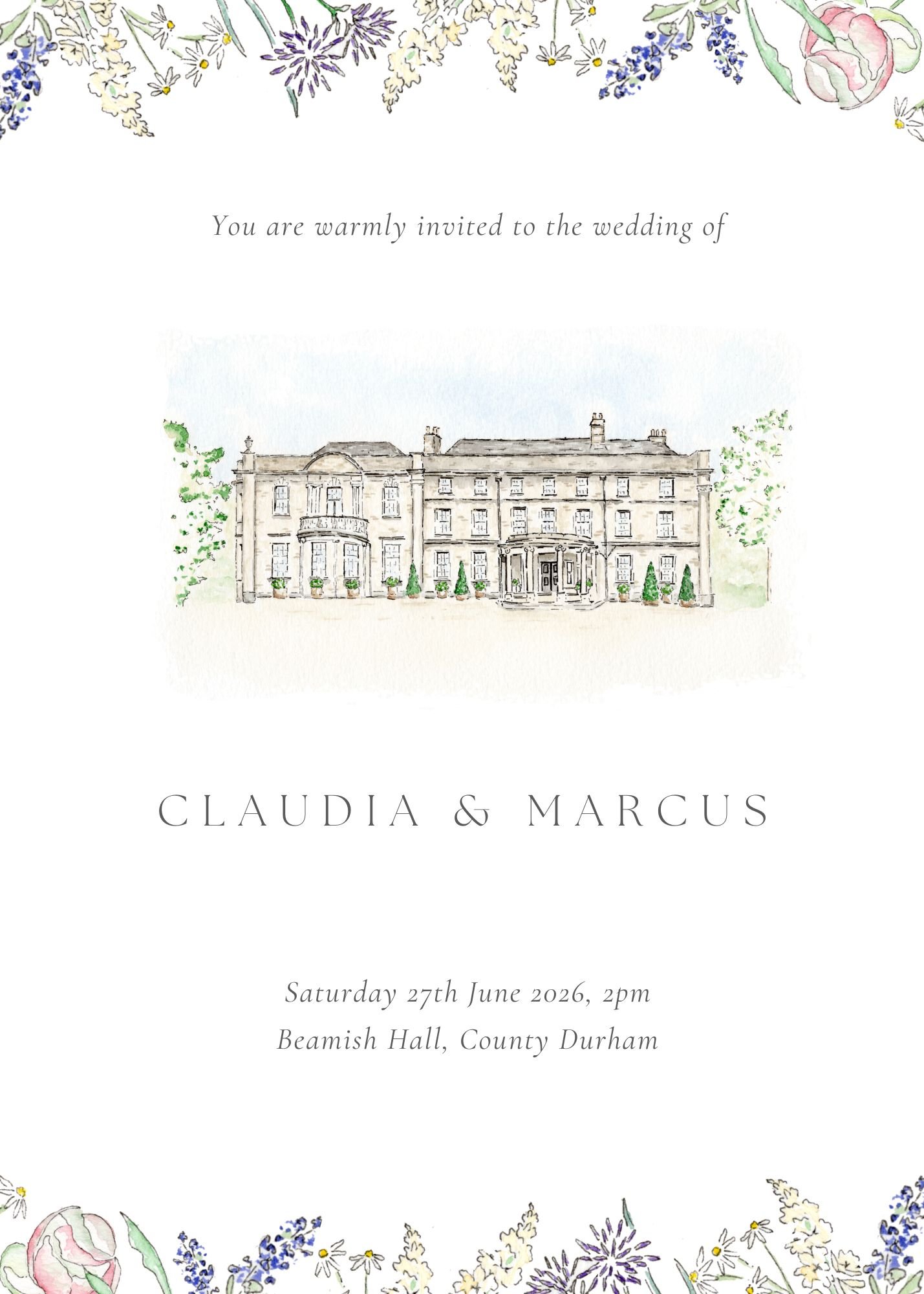 Beamish Hall wedding invitation