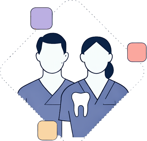 Illustration of a male and female dental professionals with a tooth icon on their scrubs, connected by dashed lines to colorful squares.