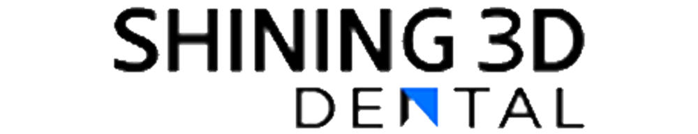 Text graphic reading 'Shining 3D Dental' in bold black and gray letters with a blue and yellow design element at the bottom of the text.