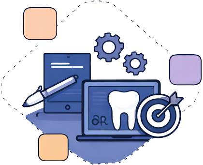 Digital illustration of dental care, featuring a tooth on a computer screen, gears, a gross, and a target icon, representing dentistry and dental technology.