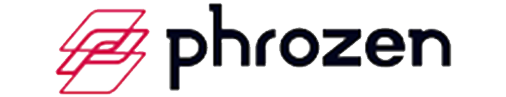 Close-up of a logo with the word 'phrozen' and a stylized red geometric design on the left.
