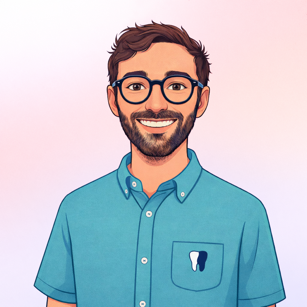 Cartoon illustration of a smiling man with glasses, a beard, wearing a blue short-sleeved button-up shirt with a toothbrush pocket.