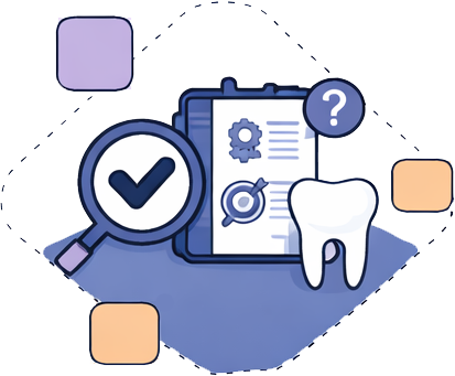 Illustration of a dental checkup with a magnifying glass, a clipboard with gears and a checkmark, and a tooth, surrounded by colorful squares.