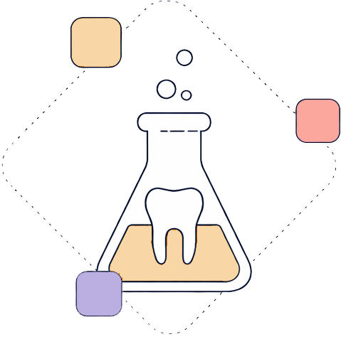 Tooth inside a laboratory beaker with bubbles, surrounded by colorful squares and dotted lines.