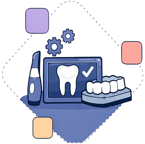Digital illustration of dental care equipment including a toothbrush, computer monitor displaying a tooth icon with checkmark, dental mold with teeth, gears, and colorful geometric shapes.