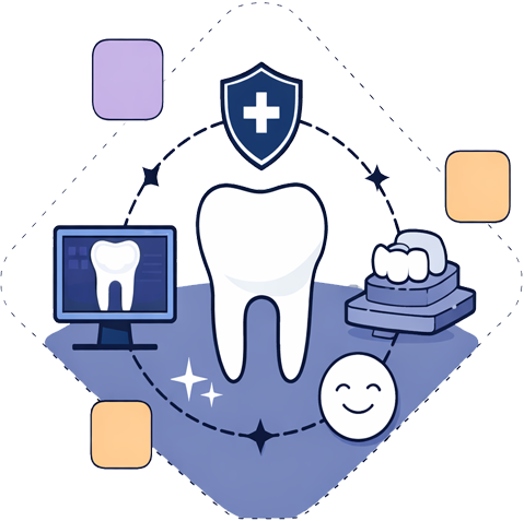 Illustration of dental health care, including a tooth, a computer with a tooth image, dental tools, a smiley face, and a shield with a cross.