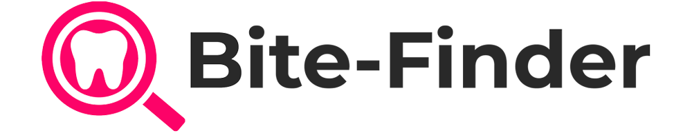 Logo for Bite-Finder with a pink magnifying glass icon highlighting a tooth.