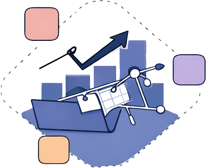 A line graph with an upward trend, pie chart, and 3D bar chart on a laptop with connected nodes and charts.