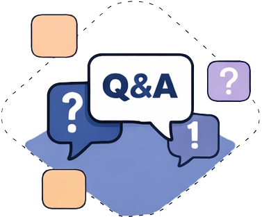Speech bubbles with Q&A and question marks in a digital graphic.