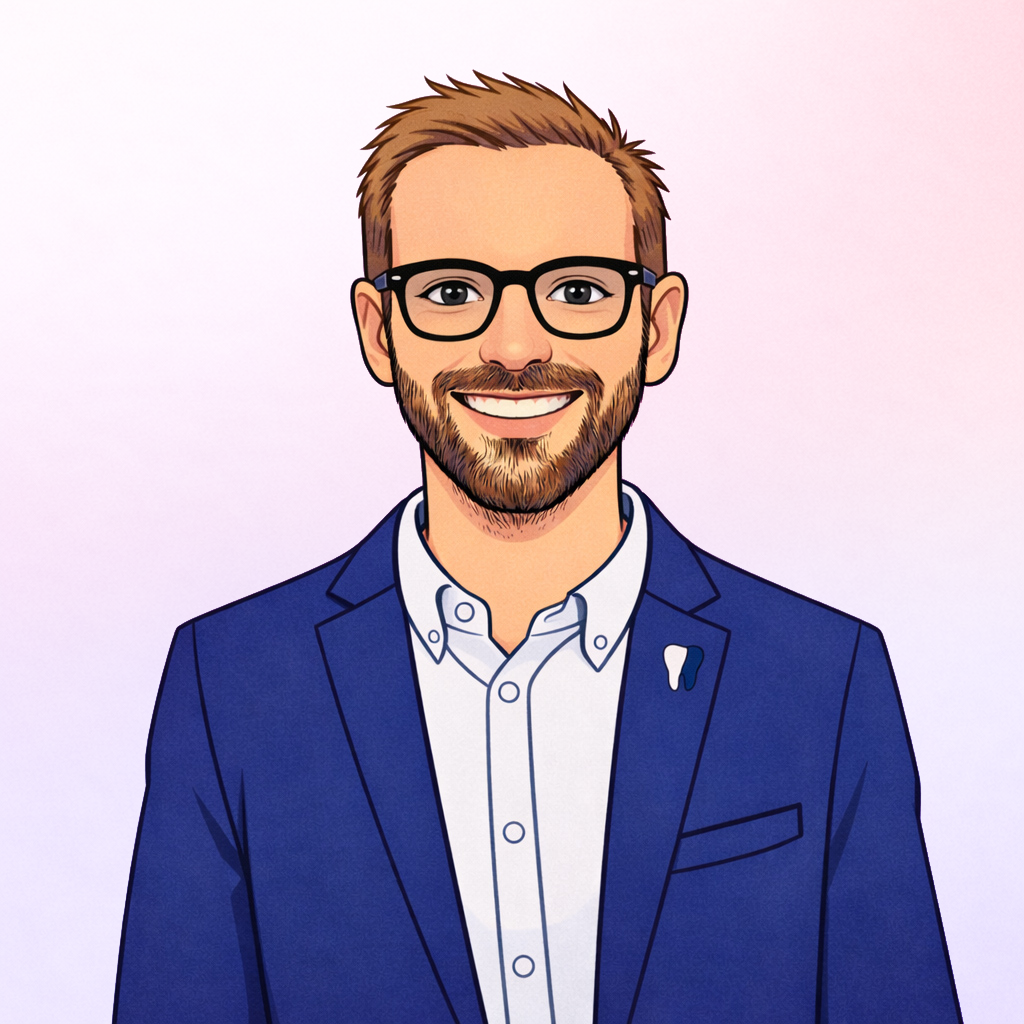 Digital illustration of a smiling man with glasses, a beard, wearing a white shirt and a blue blazer. The background is light purple.