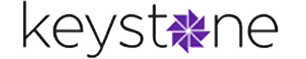 The image displays the text 'keystone' with a purple geometric shape replacing the letter 'o'.