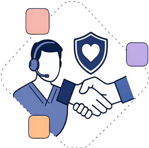 Illustration of a customer support representative with a headset shaking hands with a client, with a shield and heart icon in the background.