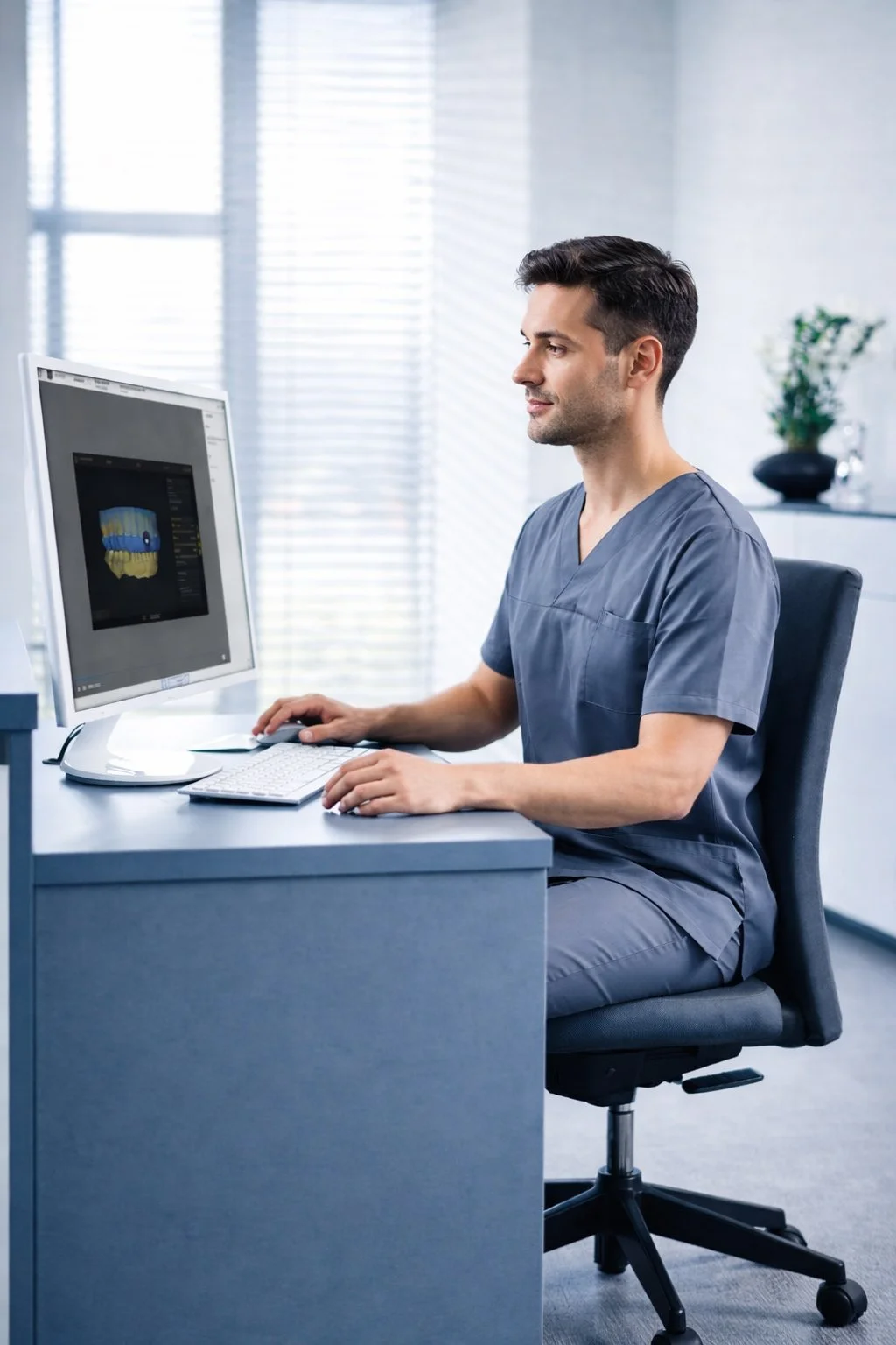 A male dental professional in scrubs working on a computer with a 3D dental scan displayed on the monitor in a modern dental clinic.