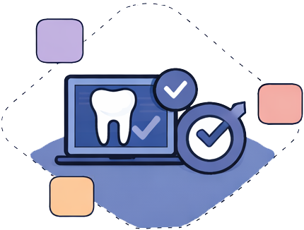 Digital illustration of a laptop displaying a tooth icon with checkmarks and a target symbol, representing dental health or dental care.