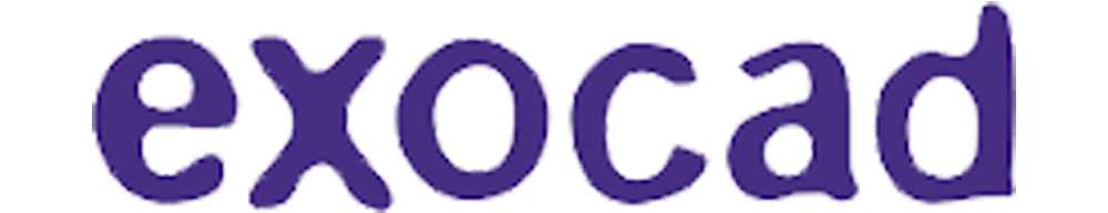 Close-up of the word 'exocad' in purple 3D text.