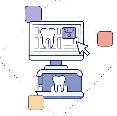 Illustration of a computer screen showing a tooth and dental x-ray, with dental tools and a tooth model on a table, surrounded by colorful blocks.