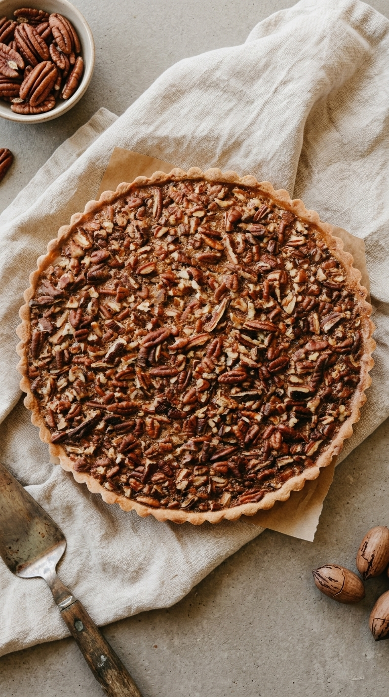 Order Pecan Tart: pecan tart topped with chopped pecans in a fluted tart crust