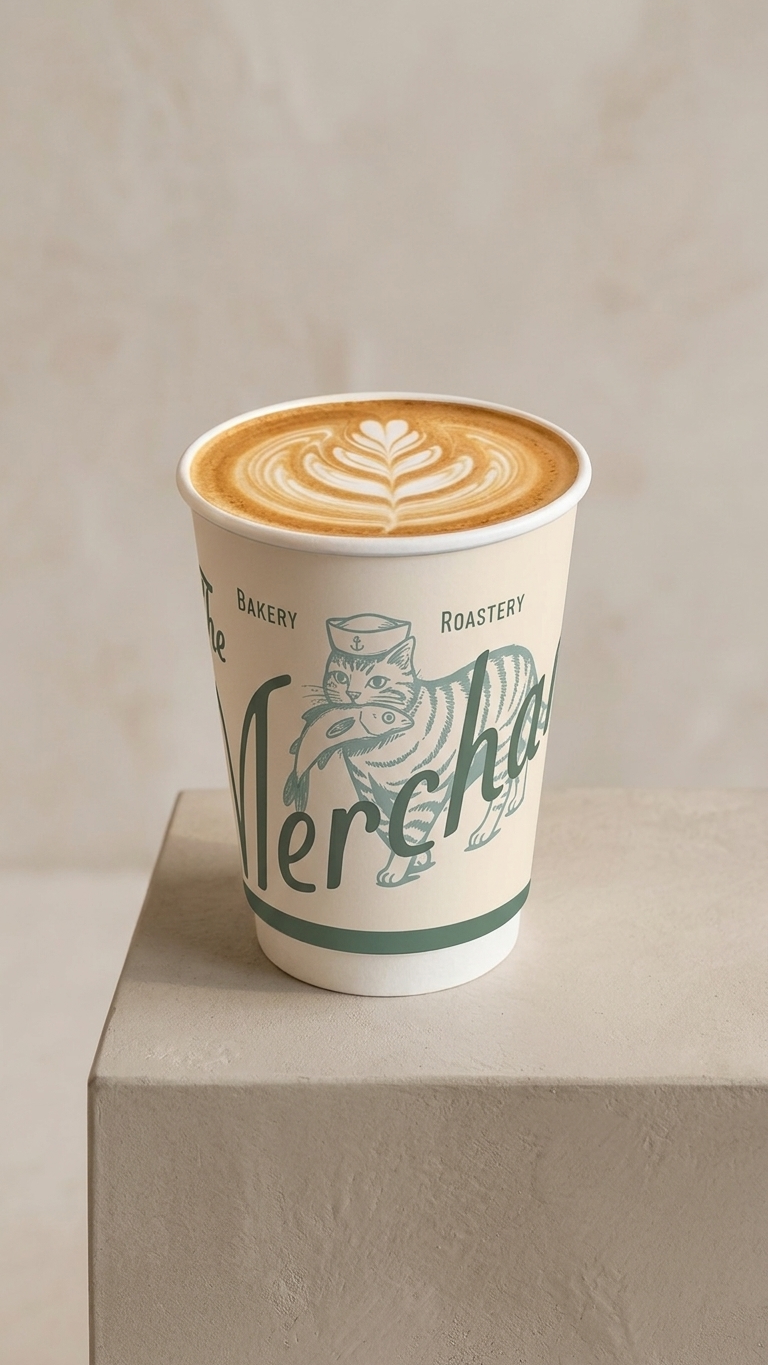 Latte with leaf latte art in a Merchant to-go cup